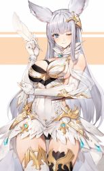 Rule 34 | 1girl, animal ears, asymmetrical legwear, bare shoulders, black thighhighs, blue eyes, blush, breasts, cleavage, dress, elbow gloves, erune, fingerless gloves, gloves, granblue fantasy, hair ornament, hand up, highres, holding, korwa, long hair, looking at viewer, medium breasts, mismatched legwear, one eye closed, panties, parted lips, quill, shiny skin, silver hair, simple background, smile, solo, thighhighs, underwear, watao, white background, white dress, white gloves, white thighhighs