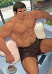 Rule 34 | 1boy, abs, bara, bare pectorals, black eyes, black hair, body hair, boxers, bulge, chest hair, cigarette, couch, dainyuu (dgls), facial hair, feet out of frame, large pectorals, looking at viewer, male focus, male underwear, manly, muscular, navel, navel hair, nipples, original, pectorals, short hair, sitting, smoking, solo, stubble, thick thighs, thighs, underwear, underwear only