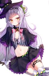 Rule 34 | 1girl, arm support, beliatan, black capelet, black gloves, black headwear, black skirt, blunt bangs, blush, bow, breasts, capelet, closed mouth, crop top, feet out of frame, gloves, grey shirt, hair bun, hair ornament, hairband, hat, highres, hololive, long hair, long sleeves, looking at viewer, midriff, miniskirt, murasaki shion, murasaki shion (1st costume), navel, pink bow, shirt, short eyebrows, side bun, sidelocks, silver hair, simple background, single hair bun, single side bun, sitting, skindentation, skirt, skirt hold, small breasts, smile, solo, striped clothes, striped shirt, striped thighhighs, thigh strap, thighhighs, thighs, vertical-striped clothes, vertical-striped shirt, vertical-striped thighhighs, very long hair, virtual youtuber, white background, witch hat, yellow eyes