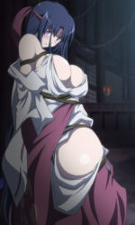 Rule 34 | 10s, 1girl, bdsm, black hair, bondage, bound, breasts, cleavage, highres, japanese clothes, kensei-miko tomoe, large breasts, long hair, looking at viewer, miko, non-web source, purple eyes, queen&#039;s blade, queen&#039;s blade rebellion, queen&#039;s blade vanquished queens, rope, screencap, solo, stitched, third-party edit, tomoe (queen&#039;s blade), tomoe (queen's blade)