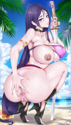 Rule 34 | 1girl, absurdres, anus, armlet, artist name, ass, bad id, bad pixiv id, bare legs, bare shoulders, barefoot, beach, bikini, blush, breasts, chinese commentary, choker, cleavage, closed mouth, collarbone, commentary request, covered erect nipples, dark nipples, dated, day, eyepatch bikini, fate/grand order, fate (series), half-closed eyes, highres, holding, holding sword, holding weapon, katana, large breasts, laserflip, long hair, looking at viewer, low-tied long hair, minamoto no raikou (fate), minamoto no raikou (fate/grand order), minamoto no raikou (swimsuit lancer) (fate), nipples, no panties, one breast out, parted bangs, purple bikini, purple eyes, purple hair, pussy, shiny skin, solo, spread anus, squatting, straight hair, sweat, swimsuit, sword, thighs, uncensored, underboob, veins, veiny breasts, very long hair, weapon