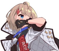 Rule 34 | 1girl, acr (girls&#039; frontline), ahoge, black gloves, black jacket, blue eyes, brown hair, girls&#039; frontline, gloves, hair ornament, hairclip, hand up, highres, jacket, jacket on shoulders, looking away, looking to the side, matsuo (matuonoie), shirt, short sleeves, simple background, solo, upper body, white background, white shirt