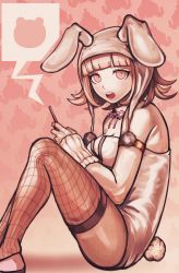 Rule 34 | 1girl, animal ears, animal hood, bare shoulders, blunt bangs, breasts, character print, cleavage, commentary, danganronpa (series), danganronpa 2: goodbye despair, detached collar, english commentary, fake animal ears, fake tail, fishnet thighhighs, fishnets, from side, green background, hands up, highres, holding, holding phone, hood, komatsuzaki rui (style), leotard, looking at viewer, medium breasts, medium hair, monokuma, nanami chiaki, official alternate costume, official style, open mouth, pantyhose, phone, pink ribbon, playboy bunny, rabbit ears, rabbit hood, rabbit tail, ribbon, shoes, sitting, smile, solo, sozzaydr, tail, teeth, thighhighs, upper teeth only