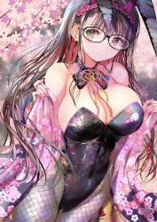 Rule 34 | 1girl, absurdres, animal ears, black hair, black leotard, black pantyhose, blush, braid, breasts, cherry blossoms, cleavage, closed mouth, commentary request, covered navel, fishnet pantyhose, fishnets, floral print, glasses, highres, japanese clothes, kimono, large breasts, leotard, long hair, looking at viewer, nail polish, nose blush, ogata tei, open clothes, open kimono, original, pantyhose, playboy bunny, print kimono, purple kimono, rabbit ears, smile, solo, standing, yellow eyes