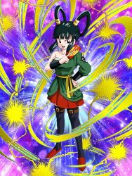 Rule 34 | 1girl, armlet, belt, black eyes, black hair, black thighhighs, chinese clothes, dragon ball, dragon ball super, full body, green shirt, hair ornament, hair rings, holding, holding paper, ofuda, open mouth, paper, red footwear, shirt, single bare shoulder, solo, thighhighs, yellow belt, yurin (dragon ball)