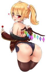 Rule 34 | 1girl, alternate costume, alternate hairstyle, ass, back, bare shoulders, black thighhighs, blonde hair, breasts, brown jacket, candy, chiroshiron, crossed legs, cutoffs, flandre scarlet, food, from behind, fur trim, halterneck, heart, highres, holding, jacket, lollipop, looking at viewer, medium breasts, micro shorts, panties, panty peek, pink panties, pointy ears, polka dot, polka dot panties, red eyes, short shorts, short twintails, shorts, simple background, solo, thighhighs, tongue, tongue out, touhou, twintails, underwear, white background, wings