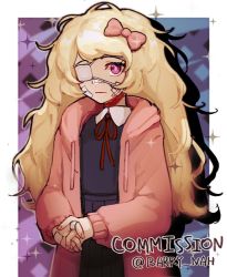Rule 34 | 1girl, artist name, bandaid, bandaid on cheek, bandaid on face, bandaid on hand, barry nah, black shirt, blonde hair, border, bow, brown jacket, brown skirt, collared shirt, commentary, commission, english commentary, hair bow, highres, jacket, long hair, long sleeves, messy hair, neck ribbon, open clothes, open jacket, original, own hands together, pink bow, pink eyes, pleated skirt, red ribbon, ribbon, second-party source, shirt, skirt, solo, sparkle, white border