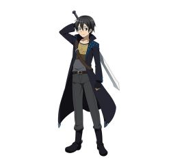 Rule 34 | 10s, 1boy, belt, black eyes, black hair, full body, highres, holding, holding sword, holding weapon, kirito, looking at viewer, male focus, official art, short hair, simple background, smile, solo, sword, sword art online, sword art online: code register, weapon, white background