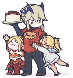 Rule 34 | 3girls, aged down, artoria pendragon (fate), artoria pendragon (lancer alter) (fate), bare shoulders, betchan, black gloves, blonde hair, cake, closed eyes, clothes writing, commentary request, dual persona, english text, fate/grand order, fate (series), food, gloves, hand on another&#039;s head, holding, holding plate, horns, midriff, mordred (fate), mordred (fate) (all), mordred (fate/apocrypha), mordred (swimsuit rider) (fate), mordred (swimsuit rider) (second ascension) (fate), mother and daughter, multiple girls, plate, ponytail, reaching, red shirt, sandals, shirt, t-shirt, tan, white background, yellow eyes