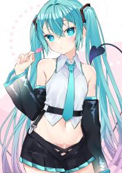 Rule 34 | 1girl, absurdres, aqua eyes, aqua hair, aqua necktie, arm at side, bare shoulders, blush, candy, collared shirt, cowboy shot, cropped shirt, demon girl, demon tail, detached sleeves, flat chest, food, gradient hair, hair ornament, halha 20, hand up, hatsune miku, heart, heart-shaped pupils, highres, holding, holding candy, holding food, holding lollipop, lollipop, long hair, looking at viewer, microskirt, midriff, multicolored hair, navel, necktie, number tattoo, pink background, pleated skirt, pubic tattoo, purple hair, see-through, see-through sleeves, shirt, shirt stay, shoulder tattoo, sidelocks, skirt, solo, streaked hair, symbol-shaped pupils, tail, tattoo, twintails, two-tone hair, very long hair, vocaloid, white background