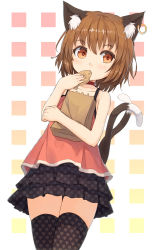 Rule 34 | 1girl, alternate costume, animal ear fluff, animal ears, bag, bare arms, black skirt, black thighhighs, brown eyes, brown hair, cat ears, cat tail, checkered background, chen, choker, contemporary, cowboy shot, earrings, eating, fang, food, gradient background, heart, heart print, highres, jewelry, layered skirt, leaning, leaning to the side, looking to the side, miniskirt, multiple tails, no headwear, orange eyes, patterned background, polka dot, polka dot skirt, print thighhighs, shone, short hair, single earring, skirt, solo, tail, taiyaki, tank top, tareme, thighhighs, touhou, wagashi, zettai ryouiki