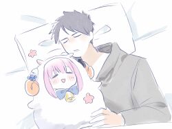 Rule 34 | 1boy, 1girl, animal costume, animal ears, bed sheet, bell, blue archive, blush, bow, closed eyes, closed mouth, ekoru, flower, hair flower, hair ornament, halo, highres, horns, lying, mika (blue archive), neck bell, on back, pillow, pink hair, sheep costume, sheep ears, sheep horns, sleeping, smile, sparkle, wings