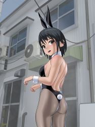 Rule 34 | 1girl, air conditioner, animal ears, ass, awning, bare back, bare shoulders, black hair, black leotard, blush, bob cut, breasts, brown eyes, building, commentary request, cowboy shot, detached collar, door, ductwork, fake animal ears, fake tail, from behind, from below, grey pantyhose, hands up, herikutsu ryuutsuu center, highres, industrial pipe, leotard, looking at viewer, looking back, medium breasts, open mouth, original, outdoors, pantyhose, playboy bunny, rabbit ears, rabbit tail, raised eyebrows, short hair, solo, strapless, strapless leotard, tail, teeth, upper teeth only, window, wrist cuffs