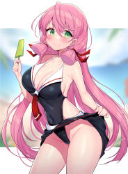 Rule 34 | 1girl, absurdres, akashi (kancolle), black one-piece swimsuit, blunt tresses, breasts, clothes lift, commission, contrapposto, cowboy shot, food, green eyes, hair ribbon, highleg, highleg swimsuit, highres, ichi-jirushi, kantai collection, large breasts, long hair, looking at viewer, one-piece swimsuit, pink hair, pleated skirt, popsicle, ribbon, skeb commission, skirt, skirt lift, solo, swimsuit, tress ribbon