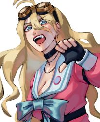 Rule 34 | 1girl, ahoge, antenna hair, barbed wire, barley juice, black gloves, blonde hair, blue eyes, breasts, choker, cleavage, collarbone, commentary, danganronpa (series), danganronpa v3: killing harmony, english commentary, fang, fingerless gloves, gloves, goggles, goggles on head, highres, iruma miu, large breasts, long hair, looking at viewer, open mouth, school uniform, simple background, solo, teeth, thumbs down, upper body, white background
