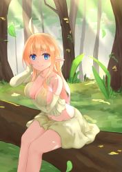Rule 34 | 1girl, absurdres, ahoge, bad id, bad pixiv id, bare shoulders, blonde hair, blue eyes, blush, breasts, cleavage, collarbone, commentary request, elach, elf, forest, gloves, grass, green gloves, green skirt, hair between eyes, highres, large breasts, long hair, looking at viewer, midriff, nature, navel, original, outdoors, pointy ears, sitting, sketch, skirt, smile, solo, tree