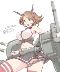 Rule 34 | 10s, 1girl, 2014, armpits, bare shoulders, breasts, brown hair, chain, cowboy shot, dated, gloves, green eyes, headgear, kantai collection, large breasts, midriff, miniskirt, mutsu (kancolle), navel, open mouth, panties, pantyshot, pureji oshou, shirt, short hair, skirt, sleeveless, sleeveless shirt, solo, standing, striped clothes, striped thighhighs, thighhighs, turret, twitter username, underwear, upskirt, white background, white panties