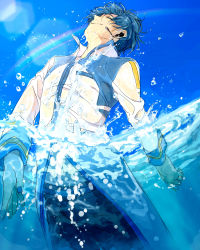 Rule 34 | 1boy, absurdres, blue nails, coat, creamyya, day, closed eyes, happy, highres, kaito (vocaloid), lens flare, male focus, midriff, nail polish, navel, partially submerged, partially underwater shot, rainbow, sky, smile, solo, underwater, vocaloid, water, wet, wet clothes, wet hair