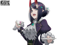 Rule 34 | 1girl, alternate costume, aqua hair, ascot, b.d, black coat, bob cut, breasts, brooch, circlet, coat, cup, eyeliner, fangs, fate/grand order, fate (series), fingernails, hair bun, horns, jewelry, juliet sleeves, long sleeves, looking at viewer, makeup, multicolored hair, oni, open mouth, pointy ears, puffy sleeves, purple eyes, purple hair, saucer, short hair, shuten douji (fate), simple background, single hair bun, skin-covered horns, small breasts, solo, streaked hair, teacup, white background