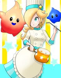 Rule 34 | 1girl, a3 k306021, apron, blonde hair, blue eyes, chef hat, cooking pot, earrings, eyelashes, hair over one eye, hat, highres, holding, holding cooking pot, holding ladle, hungry luma (super mario galaxy), jewelry, ladle, long bangs, long hair, looking at another, luma (mario), mario (series), mario kart, mario kart tour, nintendo, official alternate costume, parted lips, purple nails, rosalina, rosalina (chef), sleeves past elbows, star (symbol), star earrings, white apron, white headwear