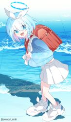 Rule 34 | 1girl, arona (blue archive), backpack, bag, blue archive, blue eyes, blue hair, blue halo, blush, braid, eyes visible through hair, full body, hair over one eye, halo, highres, long sleeves, looking at viewer, murasame (sword of nmkr), open mouth, pleated skirt, randoseru, sailor collar, shoes, short hair, single braid, skirt, smile, solo, twitter username, white footwear, white sailor collar, white skirt