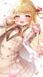 Rule 34 | 1girl, blonde hair, blush, brown dress, dress, fortissimo, hair ornament, highres, hololive, hololive dev is, jacket, long hair, looking at viewer, monuke (monu), musical note, musical note hair ornament, nail polish, otonose kanade, pink nails, red eyes, red ribbon, ribbon, smile, solo, teeth, upper teeth only, v over eye, virtual youtuber, white jacket