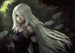 Rule 34 | 1girl, android, armlet, black gloves, black tank top, blue eyes, closed mouth, commentary, cubehero, dated, dirty, elbow gloves, english commentary, gloves, hair over one eye, joints, long hair, mole, mole under mouth, nier (series), nier:automata, robot joints, signature, solo, tank top, very long hair, white hair, a2 (nier:automata)