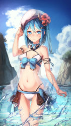 Rule 34 | 1girl, artist name, blue bow, blue eyes, blue hair, blush, bow, breasts, closed mouth, day, flower, halterneck, hat, highres, looking at viewer, medium breasts, medium hair, navel, original, outdoors, saraki, see-through, solo, sparkle, swimsuit, wading, white hat