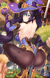 Rule 34 | 1girl, absurdres, ass, back, bare shoulders, between buttocks, black hair, black pantyhose, breasts, genshin impact, green eyes, hat, high heels, highres, leotard, long hair, looking at viewer, looking back, medium breasts, mona (genshin impact), money, nez-box, open mouth, pantyhose, pole, pole dancing, purple hat, purple leotard, simple background, solo, squatting, stripper pole, thighs, twintails, very long hair, white background, witch hat