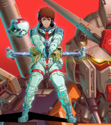 Rule 34 | 1boy, absurdres, ammunition pouch, amuro ray, black eyes, blue footwear, boots, brown hair, glowing, glowing eye, gun, gundam, unworn headwear, helmet, unworn helmet, highres, holding, holding gun, holding weapon, jazz kawa sodom, looking at viewer, mecha, mobile suit, mobile suit gundam, pouch, red background, robot, rx-78-2, short hair, solo focus, straight-on, v-shaped eyebrows, weapon, yellow eyes