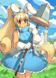 Rule 34 | 1girl, animal ears, armor, blonde hair, blue dress, brown eyes, closed mouth, commentary, cowboy shot, day, dress, english commentary, faulds, gloves, high ponytail, holding, holding polearm, holding weapon, long hair, looking at viewer, original, outdoors, polearm, ponytail, rabbit ears, sleeveless, sleeveless dress, smile, solo, spear, standing, very long hair, vins-mousseux, weapon, white gloves