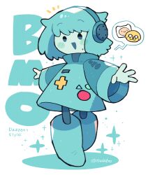 Rule 34 | 1girl, absurdres, adventure time, alternate art style, bmo, boots, character name, colored skin, contrapposto, dress, finn the human, game console, green dress, green hair, green skin, headphones, highres, humanization, jake the dog, open mouth, outstretched arms, rariatto (ganguri), short hair, smile, speech bubble, spread arms