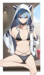 Rule 34 | 1girl, absurdres, animal ears, beach, bikini, black bikini, black choker, blue eyes, blue hair, breasts, cat ears, cellphone, choker, closed mouth, commentary request, highres, holding, holding phone, hololive, hood, hood up, hooded jacket, hoshimachi suisei, jacket, juice box, looking at viewer, navel, partial commentary, phone, sitting, small breasts, smartphone, solo, star (symbol), star in eye, stomach, swimsuit, symbol in eye, virtual youtuber, white jacket, yamada no orochi
