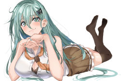 Rule 34 | 1girl, aqua eyes, aqua hair, breasts, brown skirt, brown thighhighs, chamumi (mochiumee), cleavage, commentary request, hair ornament, hairclip, kantai collection, large breasts, long hair, lying, neckerchief, on stomach, one-hour drawing challenge, open clothes, orange neckerchief, pleated skirt, school uniform, simple background, skirt, smile, solo, suzuya (kancolle), thighhighs, white background