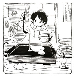 Rule 34 | 1boy, absurdres, bookshelf, bowl, cactus, closed mouth, commentary request, cooking, curtains, drawstring, food, greyscale, highres, holding, holding bowl, holding spoon, hood, indoors, kitchen, male focus, monochrome, muji (uimss), original, pancake, plant, potted plant, pouring, short hair, solo, spoon, upper body, v-shaped eyebrows