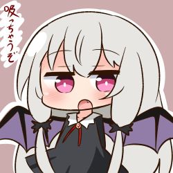 Rule 34 | 10s, 1girl, :o, arms behind back, bat wings, black dress, blush, brown background, collarbone, collared dress, commentary request, dress, fang, grey hair, hair between eyes, hair ornament, hana kazari, long hair, looking at viewer, open mouth, outline, purple wings, red eyes, sidelocks, solo, sophie twilight, tonari no kyuuketsuki-san, translation request, very long hair, white outline, wings