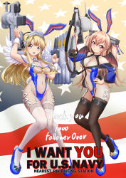 Rule 34 | 2girls, adapted costume, animal ears, black legwear, blonde hair, blue footwear, blue leotard, bodysuit, breasts, brown eyes, cleavage, covered navel, demon wings, double bun, english text, fake animal ears, fake tail, fishnet bodysuit, fishnets, fletcher (kancolle), full body, garter straps, gun, hair bun, hair ornament, hand on own hip, high heels, johnston (kancolle), kantai collection, large breasts, leotard, light brown hair, long hair, looking at viewer, medium breasts, moke ro, multiple girls, one-playboy bunny, playboy bunny, purple eyes, rabbit ears, rabbit tail, rigging, tail, thighhighs, torpedo launcher, two side up, weapon, white legwear, wings