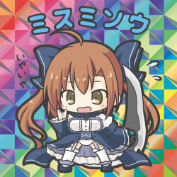 Rule 34 | 1girl, afterimage, ahoge, bikkuriman (style), blue bow, blue dress, blue footwear, blush, bow, breasts, brown eyes, character name, chibi, dress, flower knight girl, flying sweatdrops, full body, garter straps, hair between eyes, hair bow, holding, holding weapon, long hair, long sleeves, looking at viewer, misumisou (flower knight girl), open mouth, panties, parody, ri-net, shoes, sleeves past wrists, small breasts, solo, standing, thighhighs, translation request, twintails, underwear, very long hair, weapon, white panties, white thighhighs