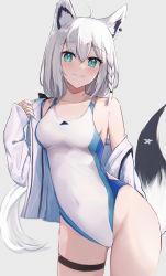 Rule 34 | 1girl, absurdres, ahoge, animal ear fluff, animal ears, blush, braid, breasts, closed mouth, competition swimsuit, covered navel, cowboy shot, ear piercing, fox ears, fox girl, fox tail, green eyes, hair between eyes, highres, hololive, jacket, long hair, long sleeves, looking at viewer, medium breasts, off shoulder, one-piece swimsuit, open clothes, open jacket, piercing, shirakami fubuki, shuuzo3, sidelocks, single braid, sleeves past wrists, smile, solo, standing, swimsuit, tail, thigh strap, very long hair, virtual youtuber, white background, white hair, white jacket, white one-piece swimsuit