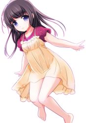 Rule 34 | 1girl, barefoot, black hair, dress, feet, long hair, looking at viewer, matsunaga kouyou, open mouth, original, outline, pink outline, purple eyes, purple hair, short sleeves, simple background, solo, spaghetti strap, toes, white background, yellow dress