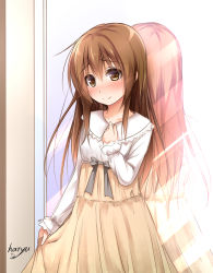 Rule 34 | 10s, 1girl, alternate costume, alternate hairstyle, artist name, blush, brown eyes, brown hair, casual, dress, hair down, hand on own chest, haryuu (poetto), inazuma (kancolle), kantai collection, long sleeves, looking at viewer, mirror, reflection, signature, skirt hold, smile, solo