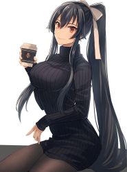 Rule 34 | 1girl, alternate costume, black hair, black sweater, breasts, coffee cup, cup, disposable cup, highres, holding, holding cup, kantai collection, kasumi (skchkko), large breasts, long hair, long sleeves, pantyhose, ponytail, red eyes, sidelocks, simple background, smile, solo, sweater, white background, yahagi (kancolle)