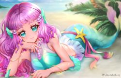 Rule 34 | 1girl, bare shoulders, beach, blue eyes, blue sky, blurry, blurry background, blush, bracelet, closed mouth, cloud, commentary, crop top, day, depth of field, hair ornament, head rest, highres, jewelry, laura (precure), long hair, looking at viewer, lying, mermaid, midriff, monster girl, necklace, on stomach, outdoors, palm tree, pearl hair ornament, pearl necklace, pink hair, precure, sand, sky, sleeveless, smile, solo, tree, tropical-rouge! precure, uta (yagashiro25)