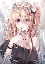 Rule 34 | 1girl, alternate costume, asymmetrical clothes, black shirt, blonde hair, blush, bracelet, commentary, eyewear on head, finger to mouth, fingernails, hair ornament, heart o-ring, highres, hoshino ruby, jewelry, looking at viewer, mismatched pupils, nail polish, one side up, oshi no ko, palm leaf, pola (1021), rabbit hair ornament, red eyes, shirt, shutter shades, smile, solo, star-shaped pupils, star (symbol), sweatdrop, symbol-shaped pupils, upper body
