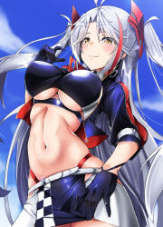 Rule 34 | 1girl, absurdres, antenna hair, azur lane, belt, black gloves, blue sky, blush, breasts, checkered flag, closed mouth, clothing cutout, cloud, commentary request, covered erect nipples, cowboy shot, crop top, cropped jacket, cropped shirt, cross, day, earpiece, flag, glint, gloves, hair between eyes, half gloves, hand on own hip, hand up, headgear, highres, iron cross, jacket, large breasts, long hair, looking at viewer, multicolored hair, navel, official alternate costume, open clothes, open jacket, orange eyes, panties, panty straps, parted bangs, partial commentary, prinz eugen (azur lane), prinz eugen (final lap) (azur lane), purple jacket, purple shirt, purple skirt, race queen, red hair, red panties, shirt, short sleeves, sidelocks, silver hair, skirt, sky, smile, solo, standing, stomach, streaked hair, swept bangs, tenteru, two-tone skirt, two side up, underboob, underboob cutout, underwear, very long hair, white belt, white skirt