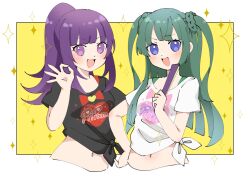 Rule 34 | 1girl, 2girls, :d, black shirt, blue eyes, blunt bangs, blunt ends, blush, commentary, cropped torso, folding fan, green hair, hachimu yan, hanazono shuka, hand fan, hand up, high ponytail, highres, holding, holding fan, idol time pripara, long hair, looking at viewer, midriff, multiple girls, ok sign, open mouth, pretty series, pripara, purple eyes, purple hair, shirt, short sleeves, smile, sparkle, symbol-only commentary, t-shirt, tied shirt, tsukikawa chili, two side up, upper body, white shirt