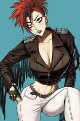 1girl black_eyeliner black_lips blue_background blue_eyes breasts cigarette commentary delinquent ear_piercing eyeliner highres holding holding_lighter lighter madoro_q makeup multiple_piercings navel original piercing red_hair solo