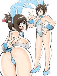 Rule 34 | 1girl, absurdres, animal ears, ass, bare shoulders, black-framed eyewear, blue footwear, breasts, brown eyes, brown hair, cleavage, closed mouth, commentary request, detached collar, fake animal ears, from behind, glasses, hair bun, hair ornament, hair stick, hand on own hip, hand up, high heels, highleg, highleg leotard, highres, leotard, long legs, looking at viewer, looking back, medium breasts, mei (overwatch), multiple views, open mouth, overwatch, overwatch 1, playboy bunny, rabbit ears, rabbit tail, single hair bun, smile, standing, strapless, strapless leotard, tail, thick arms, thighs, toshinoshin, white background, wrist cuffs