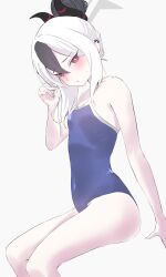 Rule 34 | 1girl, alternate hairstyle, black hair, blue archive, blue one-piece swimsuit, blush, ear piercing, flat chest, grey background, hair between eyes, hair bun, halo, highres, horns, invisible chair, kayoko (blue archive), kuu (user gngs5284), looking at viewer, one-piece swimsuit, pale skin, piercing, red eyes, school swimsuit, simple background, single hair bun, sitting, solo, sweat, swimsuit, white hair