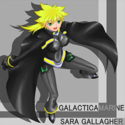 Rule 34 | 00s, 1girl, :d, belt, black bodysuit, blonde hair, bodysuit, breasts, buckle, cape, character name, copyright name, covered navel, english text, green eyes, grey background, large breasts, looking at viewer, my-otome, open mouth, rokuichi, sara gallagher, silhouette, simple background, skin tight, smile, solo, text focus